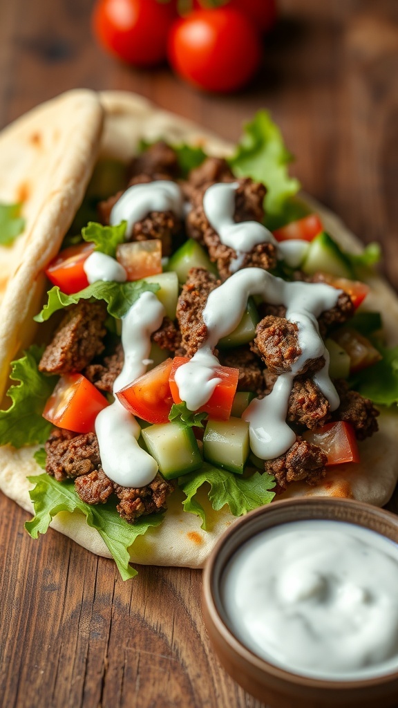 Lamb stuffed pita bread with fresh vegetables and tzatziki sauce on a wooden table.